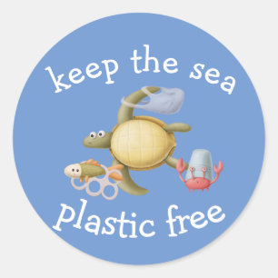 Sticker Rond Garder les océans sans plastique Tortue Crabe