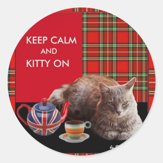 STICKER ROND "GARDEZ LE CALME ET LA CUISINE SUR", TARTAN ROUGE, (Devant)