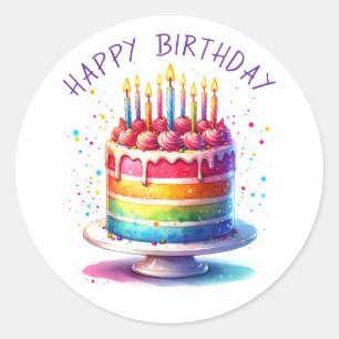 Sticker Rond Gâteau Arc-en-ciel Joyeux Anniversaire