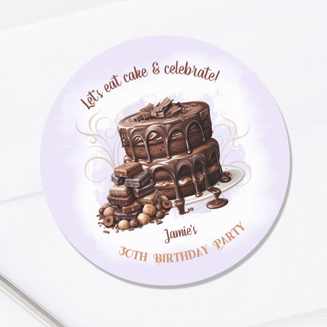 Sticker Rond Gâteau au chocolat Purple Brown 30e fête d'anniver (Chocolate cake Birthday Sticker)