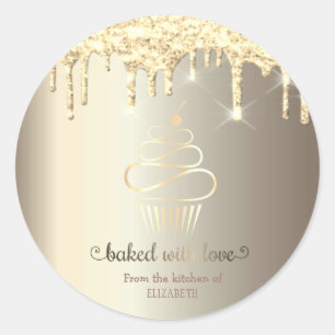 Sticker Rond Gâteau Cupcake Cuisine Rose Gold Paillettes Goutte