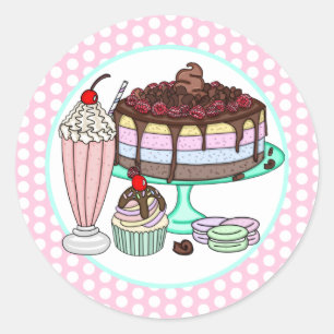 Sticker Rond Gâteau, Cupcake, Milkshake et Macarons