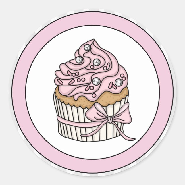 Sticker Rond Gâteau cupcake rose avec paillettes argentées (Devant)