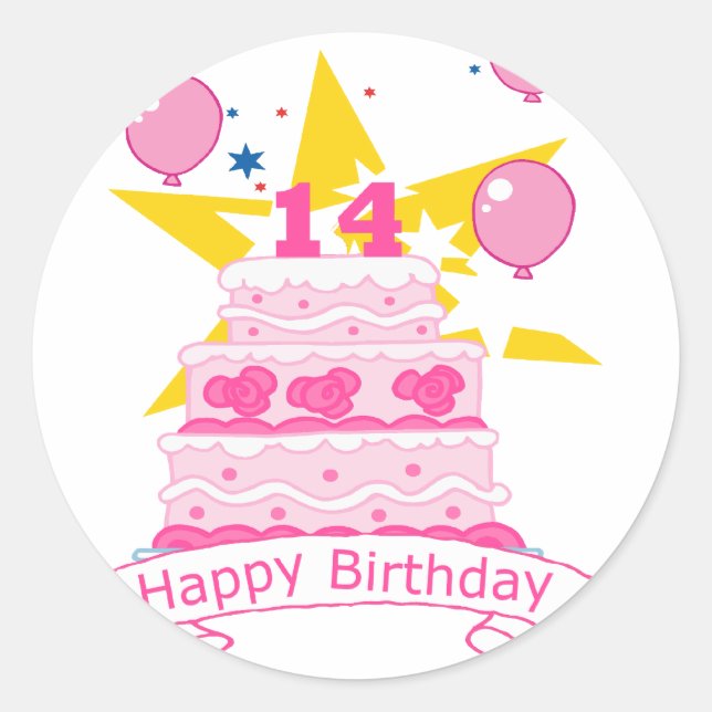Sticker Rond Gâteau d'anniversaire 14 ans (Devant)