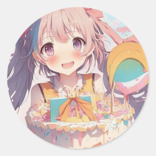 Sticker Rond Gâteau d'anniversaire de la fille Anime