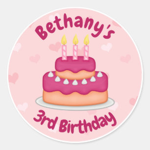 Sticker Rond Gâteau d'anniversaire rose mignon 3 bougies pour l