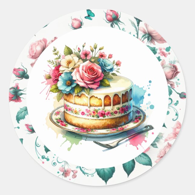 Sticker Rond Gâteau d'anniversaire Shabby Chic Floral (Devant)