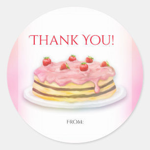 Sticker Rond Gâteau de Fraise Rose Faveur de Fête d'Anniversair