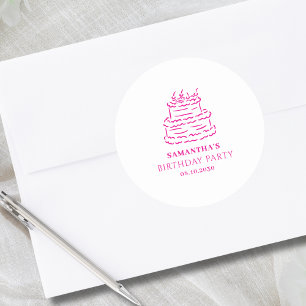 Sticker Rond Gâteau de gribouillis à main rose Anniversaire