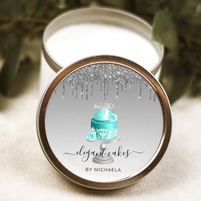Sticker Rond Gâteau de Mariage Paillettes Coulantes Argent Turq (Créateur téléchargé)