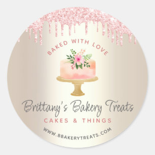 Sticker Rond Gâteau doré cuit avec amour Teinte rose paillettes