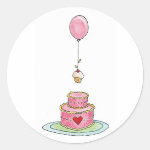 Sticker Rond Gâteau rose avec ballons et cupcake