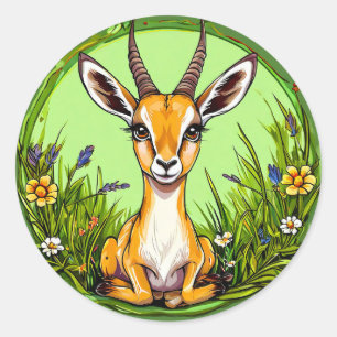 Sticker Rond Gazelle mignonne dans une scène de prairie fleurie