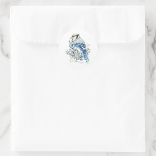 Sticker Rond Geai bleu aquarelle Baies bleues Art de campagne