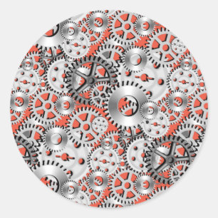 Sticker Rond Gears Argent Orange Steampunk Mécanique