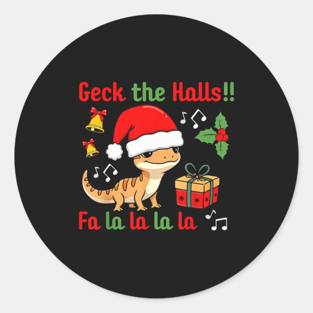 Sticker Rond Geck The Halls Leopard Gecko Christmas Pun Pet Own (Devant)