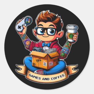 Sticker Rond Geek de jeux et de café