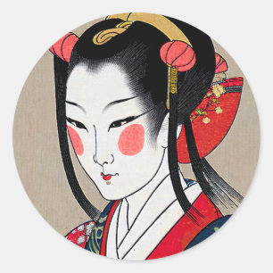 Sticker Rond Geisha En Kimono Bleu Rouge   Art japonais Ukyio-e