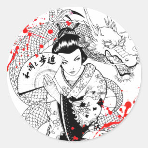 Sticker Rond Geisha frais d'éclaboussure de sang avec le