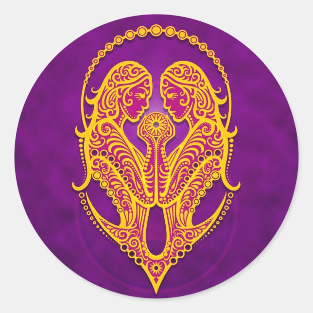 Sticker Rond Gemini tribale violette et jaune complexe (Devant)