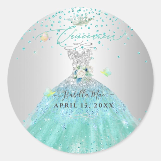 Sticker Rond Genre de Parties scintillant Turquoise Quinceanera (Devant)