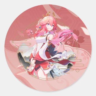 Sticker Rond Genshin Impact Yae Miko Raposa Rosa 