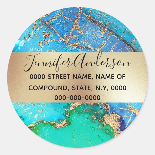 Sticker Rond Geode faux or bleu violet paon métal chic (Devant)