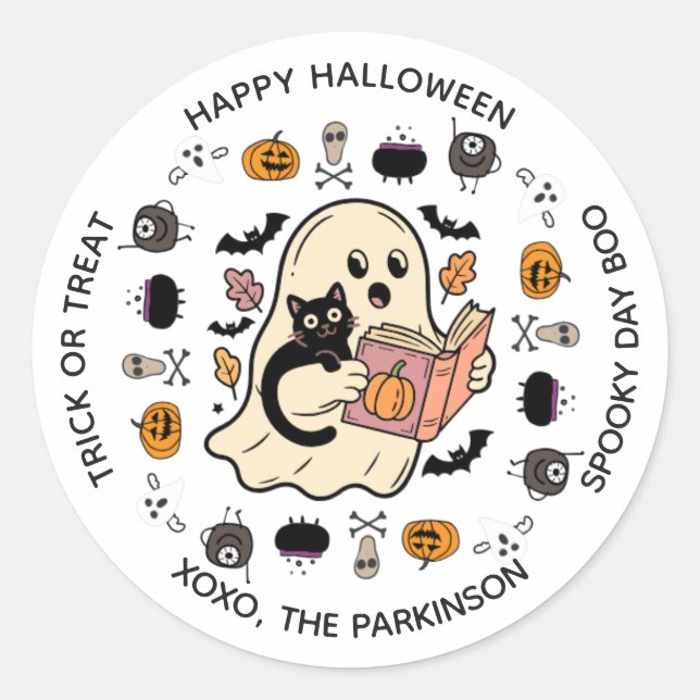 Sticker rond Ghost & Chat - Lecture d'Halloween (Devant)