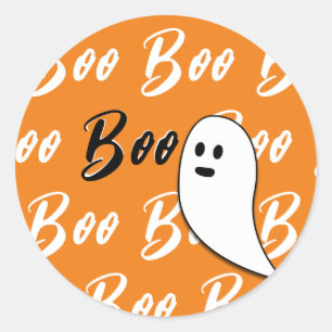 Sticker Rond Ghost Halloween noir blanc orange boite