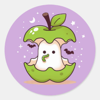 Sticker Rond Ghost mou et Halloween violet pomme