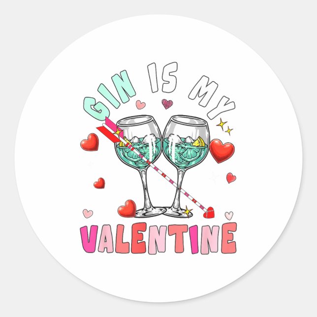 Sticker Rond Gin Is My Valentine Hearts Matching Drinker Family (Devant)