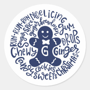 Sticker Rond Gingerman Noël hiver Candy Typographie BLEU