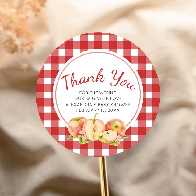 Sticker Rond Gingham Apple of Our Eye Baby Shower (Apple Baby Shower Sticker)