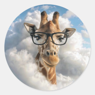 Sticker Rond Girafe avec des lunettes noires dans un nuage