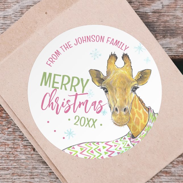 Sticker Rond Girafe avec foulard de Noël Cute fun Animal art (Créateur téléchargé)