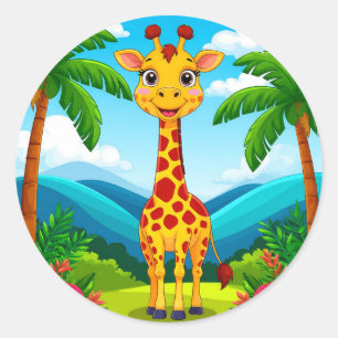 Sticker Rond Girafe de dessin animé mignonne dans un paysage tr