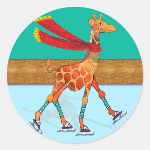 Sticker Rond Girafe de patinage sur glace avec Écharpe à la pat