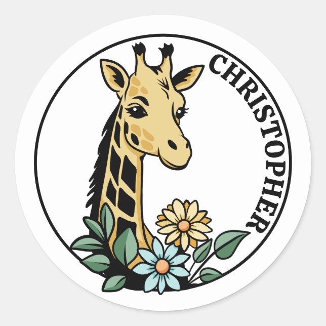 Sticker Rond Girafe Et Fleurs Nom Personnalisé (Devant)