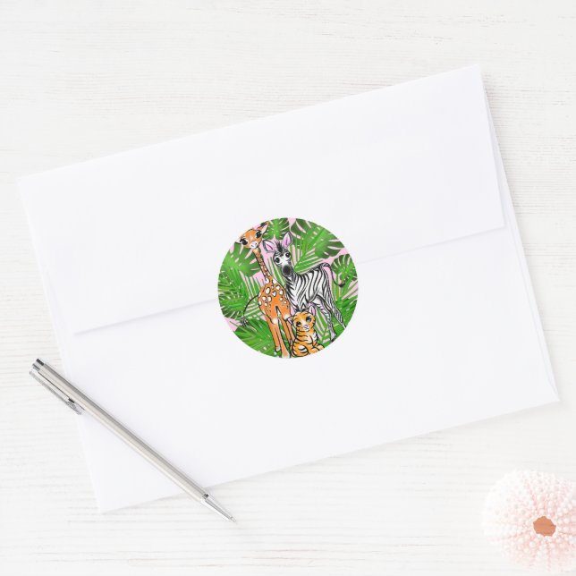 Sticker Rond Girafe zèbre tigre jungle amis (Enveloppe)