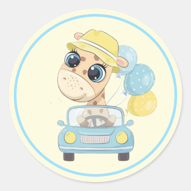 Sticker Rond Giraffe adorable en voiture avec ballons (Devant)