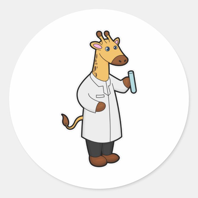 Sticker Rond Giraffe comme docteur avec tube d'essai (Devant)