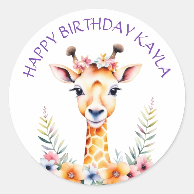 Sticker Rond Giraffe de bébé en fleurs Fête d'anniversaire de f (Devant)