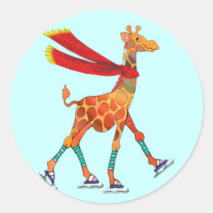 Sticker Rond Giraffe de patinage sur glace avec écharpe