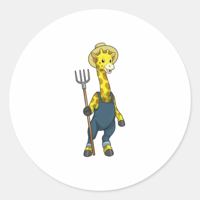 Sticker Rond Giraffe en fermier avec Pitchfork (Devant)