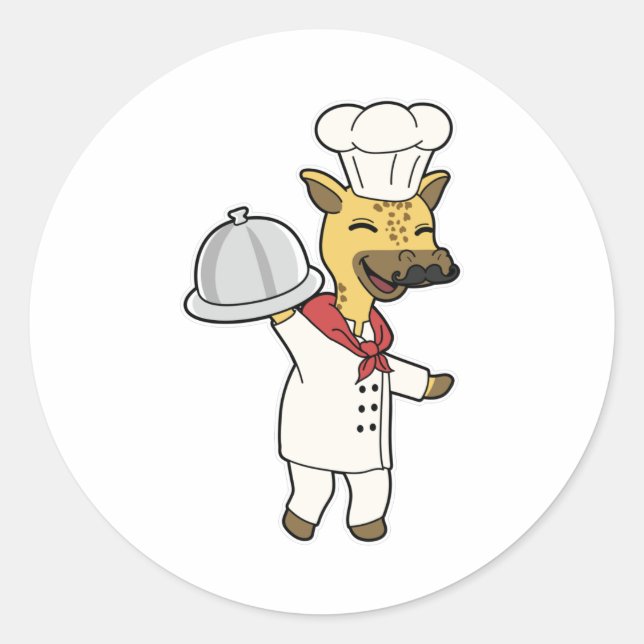Sticker Rond Giraffe en tant que chef avec tablier et plateau d (Devant)