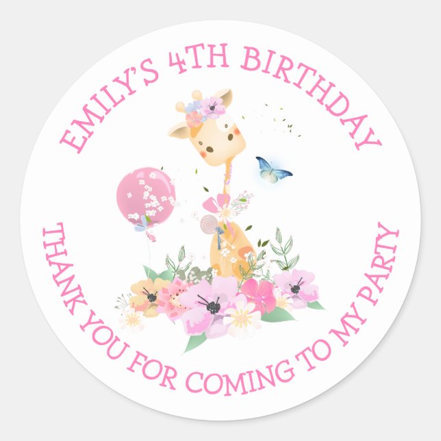 Sticker Rond Giraffe Fleurs Nom Merci Filles 4e anniversaire (Devant)
