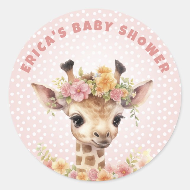 Sticker Rond Giraffe Rose Baby Girl Douche Parsemer la jungle s (Devant)