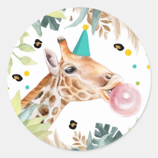 Sticker Rond Giraffe Safari Party Animal Anniversaire Favoriser (Devant)