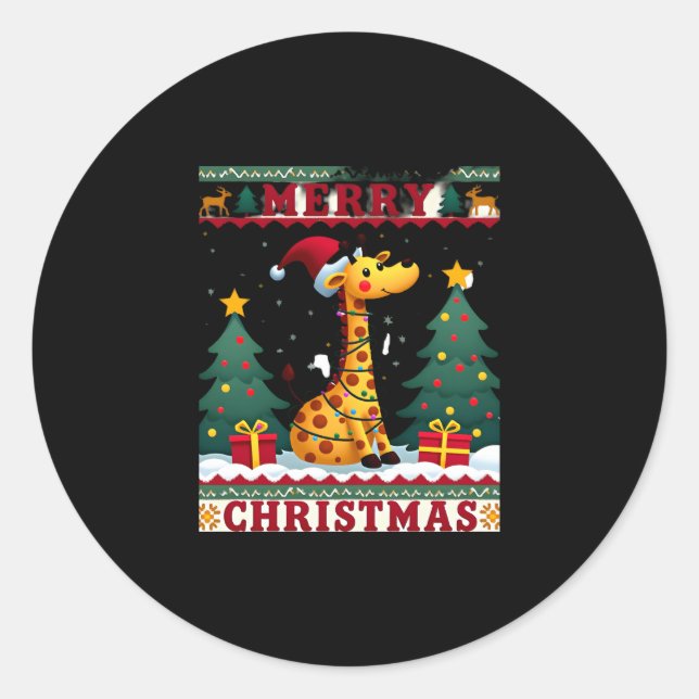 Sticker Rond Giraffe Ugly Christmas Sweaters Funny Santa Hat Li (Devant)