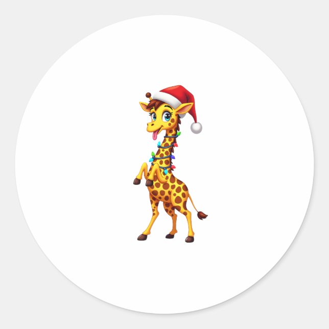 Sticker Rond Giraffe Xmas Lighting Funny Santa Giraffe Christma (Devant)
